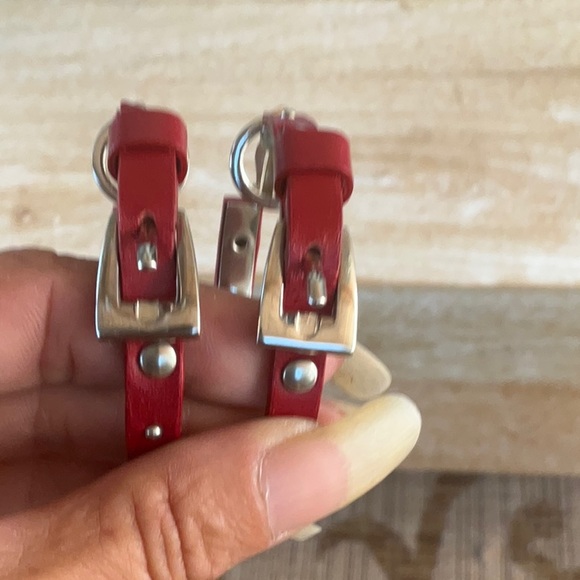 AUTH VTG Christian Dior Red Leather Logo Silver Belt Buckle Large Hoop Earrings - Picture 13 of 14